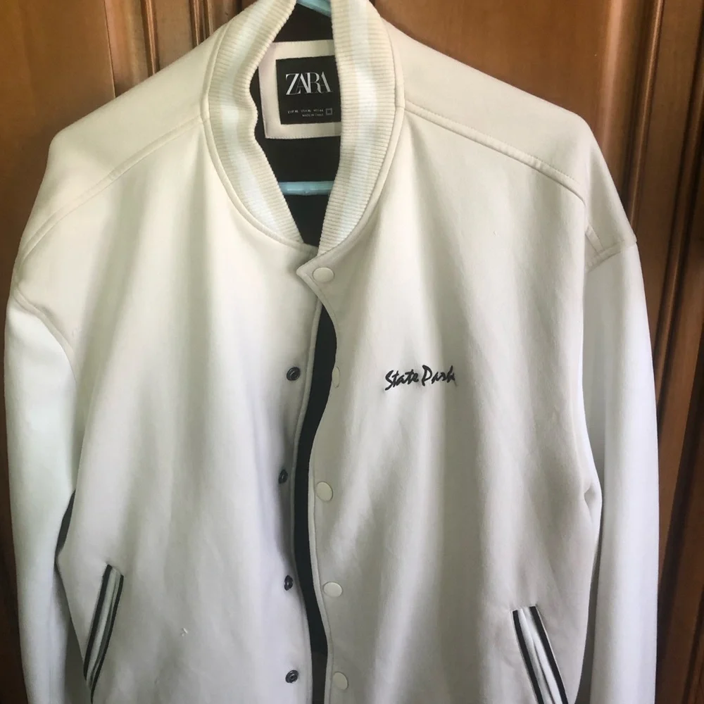 Zara White Bomber Jacket with Black Trim